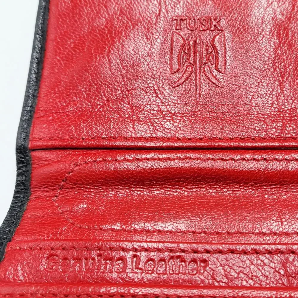 Vintage Tusk Black Red Genuine Leather Slim Trifold Snap Button Wallet Classic